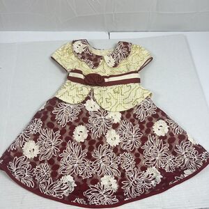 Richie House Special Occasion Dress Size 4T Gold Cream Maroon Floral Lace Collar